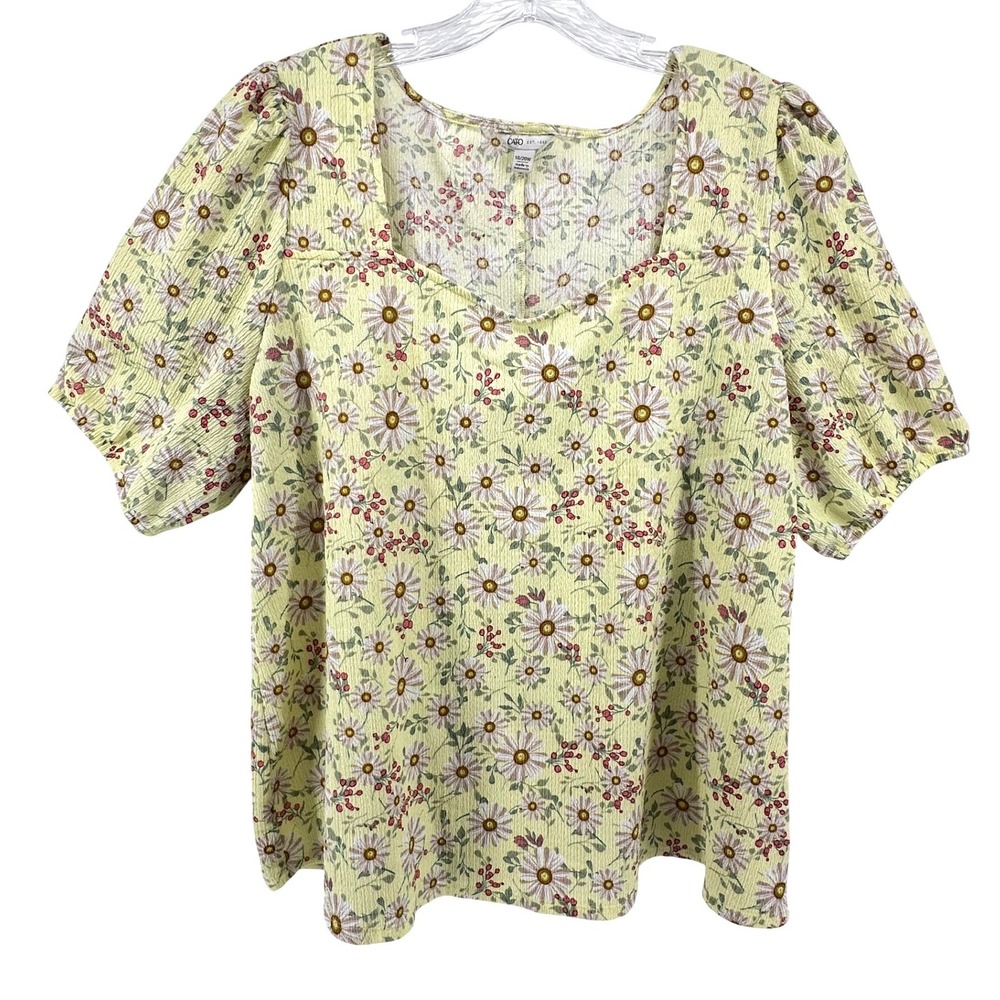 Cato Women‎ Plus Size 18/20W Yellow Floral Sweetheart Puff Sleeve Blouse Top